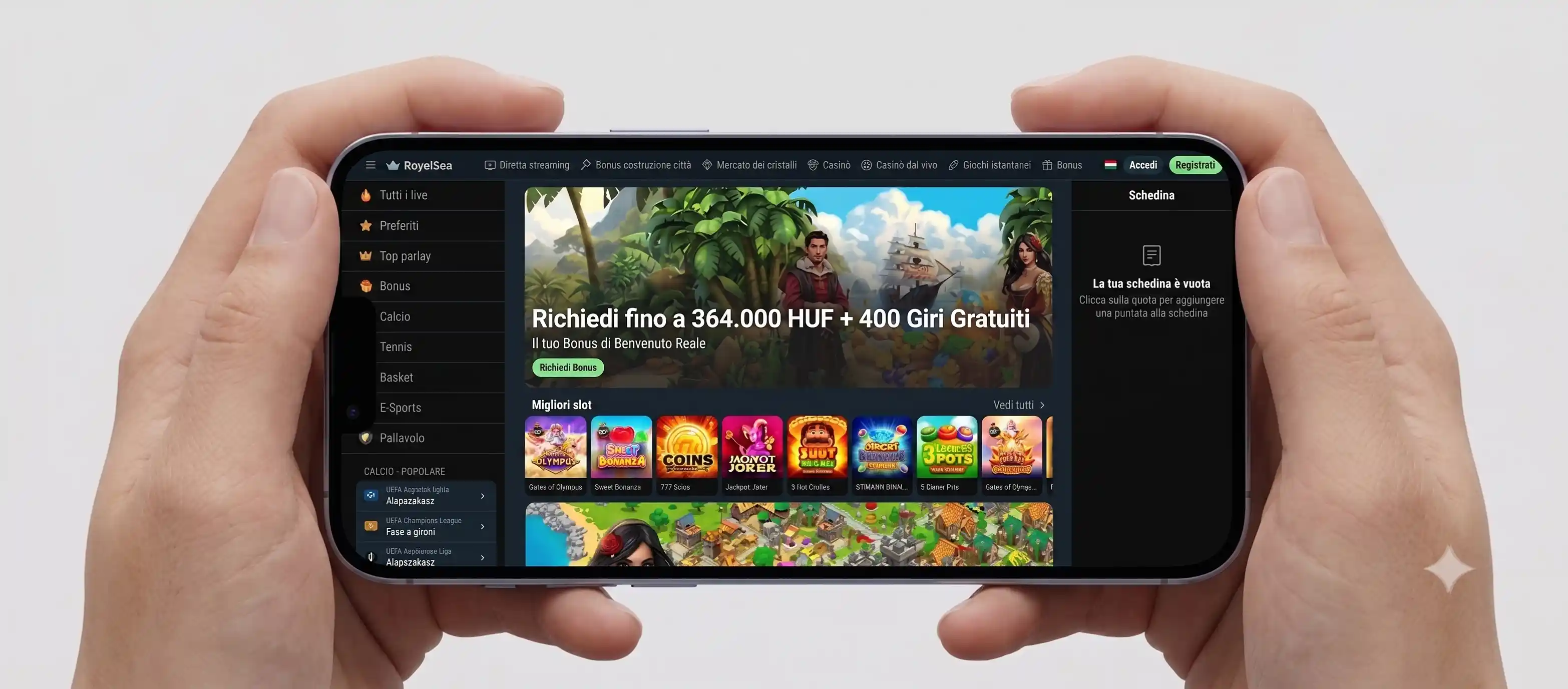 Royalsea Casino sulla versione mobile via browser, interfaccia in italiano