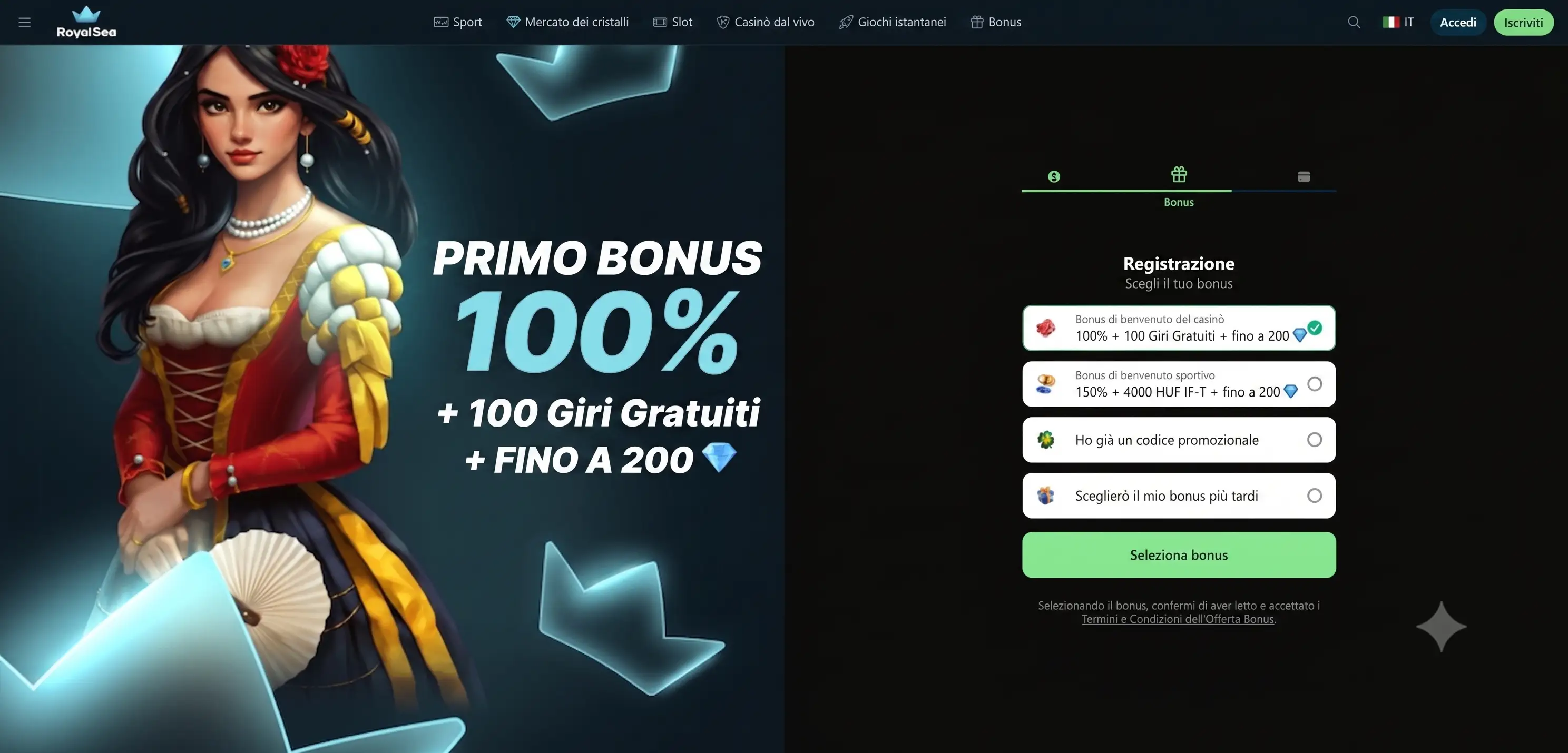 Modulo di registrazione di RoyalSea Casino con scelta del bonus